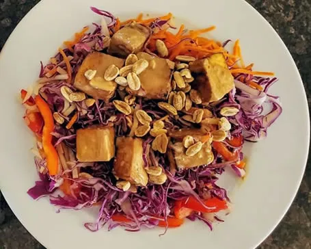 Sprinly General Tsao's Tofu with Peanut Red Cabbage Slaw
