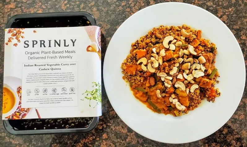 Sprinly Indian Roasted Vegetable Curry over Cashew Quinoa with package