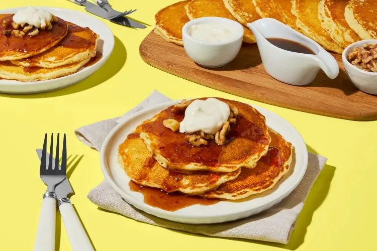Lemon Ricotta Pancakes With Cherry Maple Syrup and Lemon Creme Fraiche