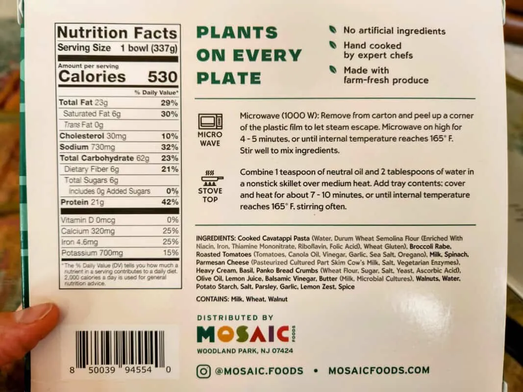 Mosaic Foods Ingredients back of meal box